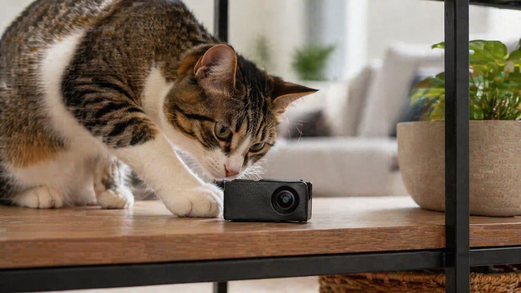 Curious cat investigating a small indoor pet camera on a shelf