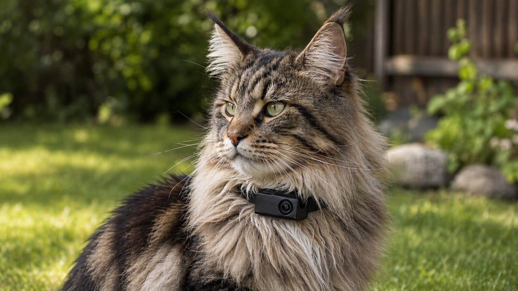 Large long-haired cat outdoors wearing a collar camera