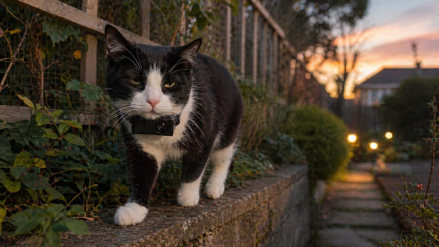 Outdoor cat walking along a garden wall at dusk